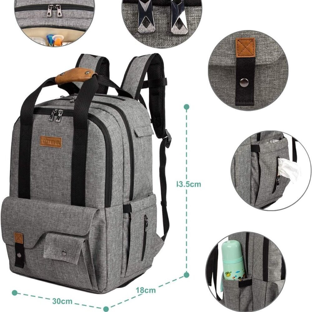 TEBEL Large Capacity Baby Diaper Bag Backpack Multi-Functional Gray